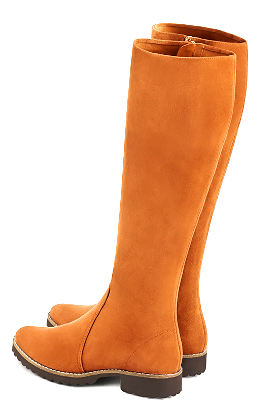 Apricot orange women's riding knee-high boots. Round toe. Flat rubber soles. Made to measure. Rear view - Florence KOOIJMAN